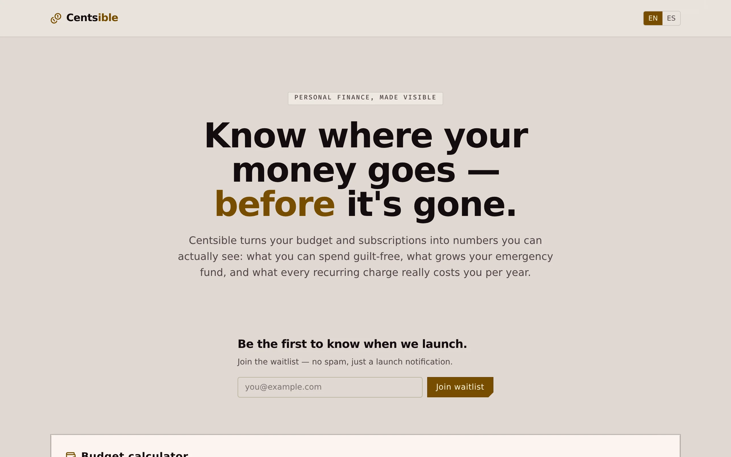 Centsible landing page — personal finance made visible